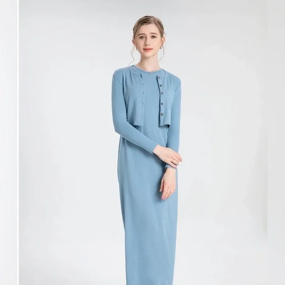 Modest Black Ribbed Stretchy Sleeveless Layering Round High Neck Maxi Midi Dress - Picture 3 of 16